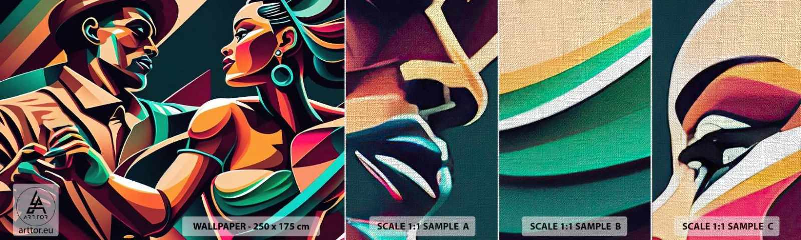 Provbit av fototapet Premium Canvas - I hjärtats rytm - Kubism, Par, Dansa - 100x30 cm