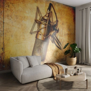 Fototapet Standard Eco - Studiomikrofon i guld, vintagestil - 100x70cm - Radions gyllene tider - Modern väggdekoration för vardagsrum och sovrum ARTTOR