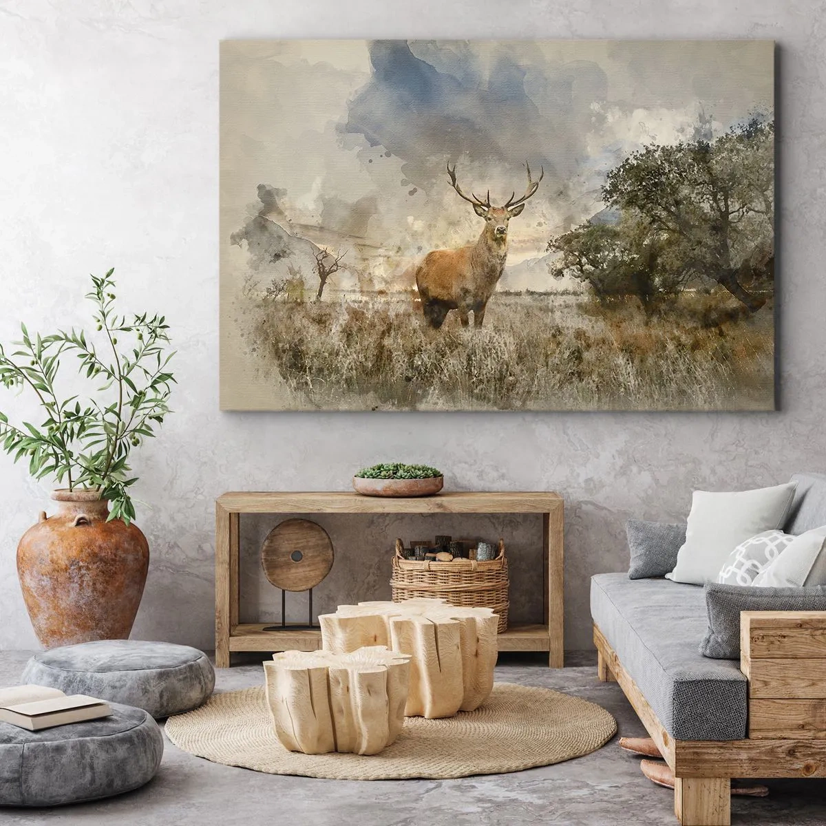 Canvastavla - Bild på duk - En hjort i en naturlig miljö i akvarellstil - 70x50cm - Värdighet - styrka - dignitet - Modern väggdekoration för vardagsrum och sovrum ARTTOR