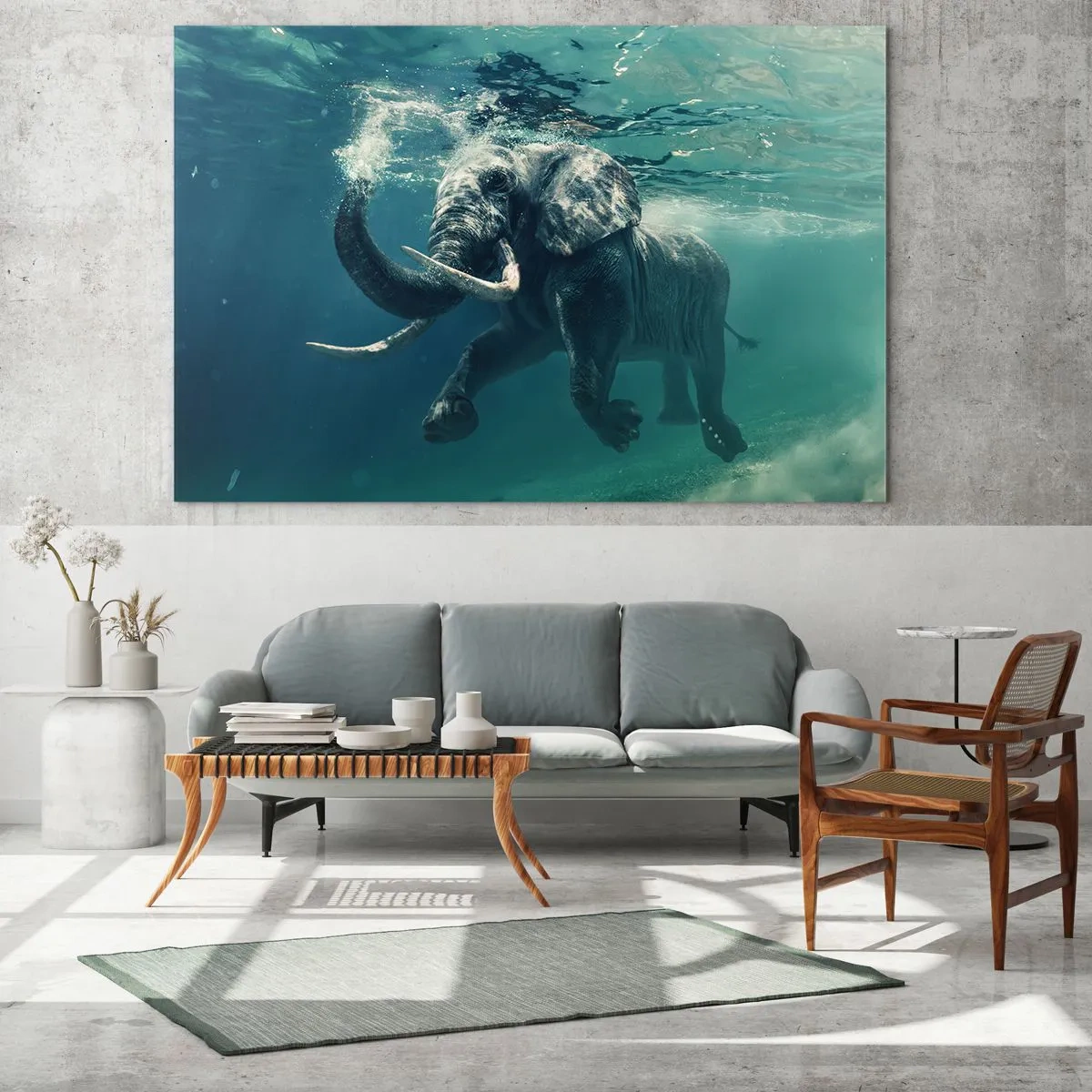 Glastavla - Bild på glas - En elefant som simmar under vattnet i det blå havet - 70x50cm - Alla tycker om att simma - Modern väggdekoration för vardagsrum och sovrum ARTTOR