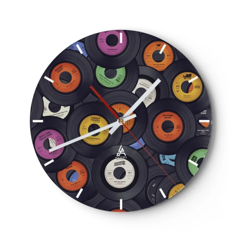 Väggklocka - Klocka på glas - Färgglada vinylskivor i ett konstnärligt arrangemang - 30x30cm - Klassikens färger - Modern väggdekoration för vardagsrum, kök och sovrum ARTTOR
