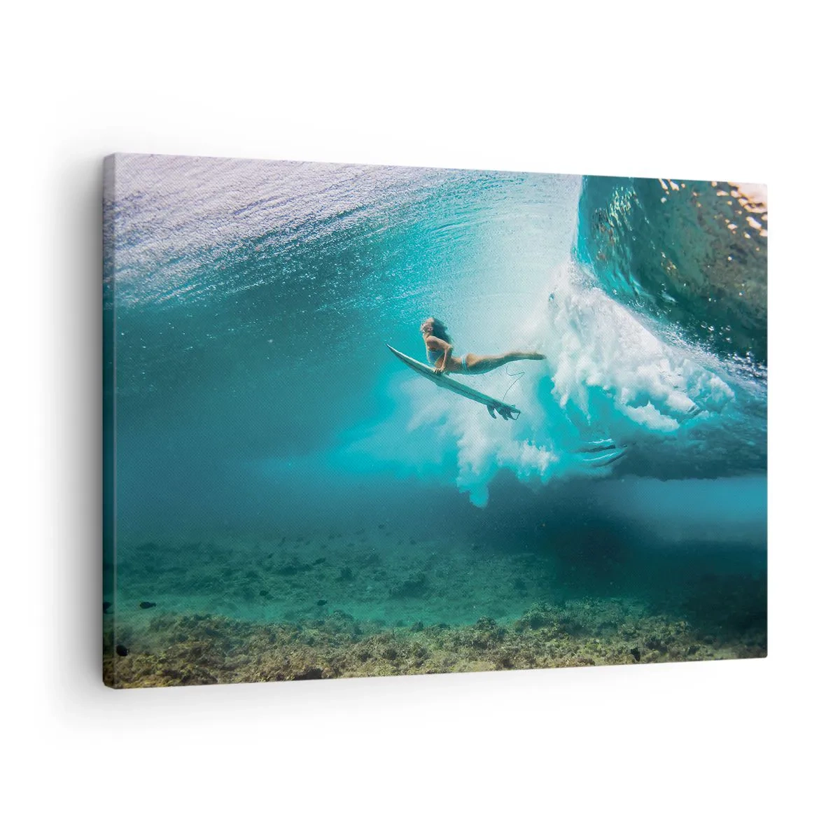 Canvastavla - Bild på duk - Surfare under en våg i det blå havsvattnet - 70x50cm - Undervattenvärld - Modern väggdekoration för vardagsrum och sovrum ARTTOR