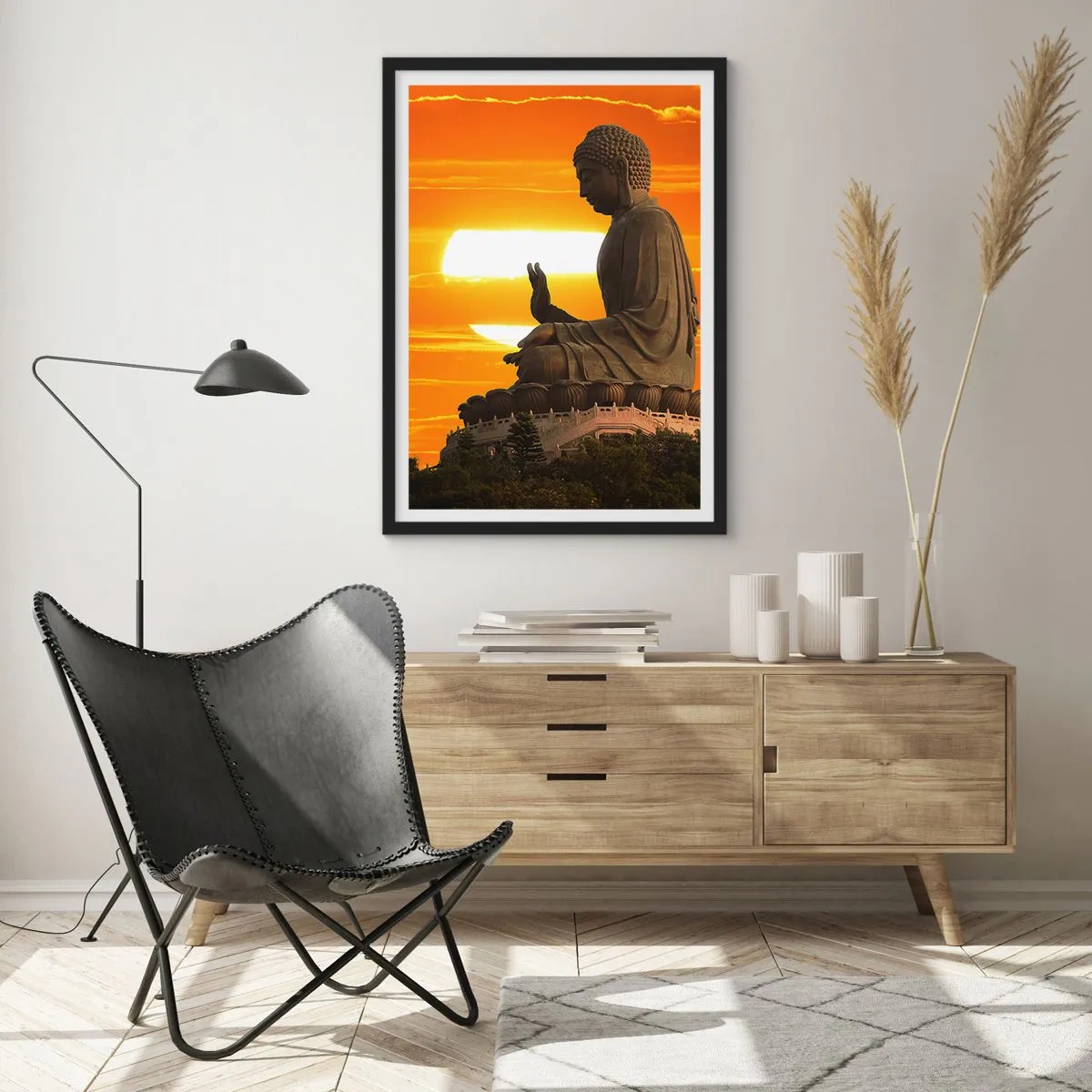 Affisch i svart ram - En Buddhastaty mot en orange himmel - 50x70cm - Utan rädsla för världen - Modern väggdekoration för vardagsrum och sovrum ARTTOR