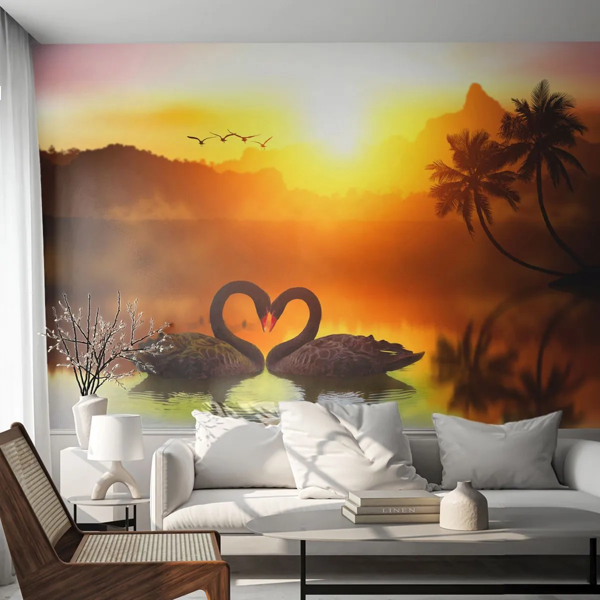 Självhäftande Fototapet Deluxe Sticker - Allt parat - Hjärta, Svanar, Kokosnötspalm - 250x175 cm