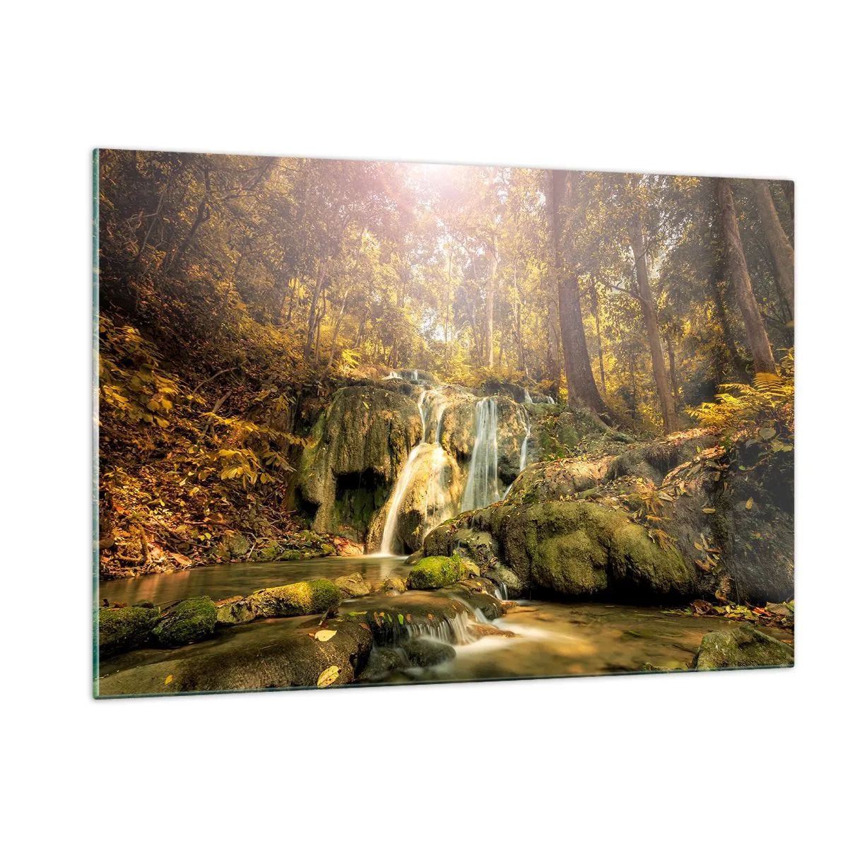 Glastavla - Bild på glas - Skogkaskad i grönt - 120x80 cm