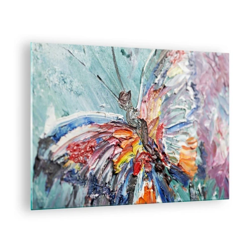 Glastavla - Bild på glas - Färgglad fjäril i abstrakt stil på en blå bakgrund - 70x50cm - Målad av naturen - Modern väggdekoration för vardagsrum och sovrum ARTTOR