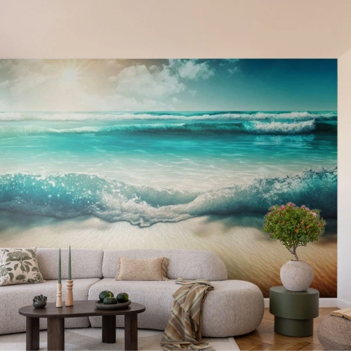 Fototapet Standard Eco - Turkosa havsvågor som slår mot en sandstrand - 100x70cm - Lugnet i havet - Modern väggdekoration för vardagsrum och sovrum ARTTOR