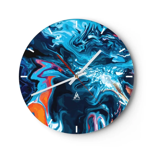 Väggklocka - Klocka på glas - Ett dynamiskt abstrakt motiv i nyanser av blått - 30x30cm - En resa till himlens inre - Modern väggdekoration för vardagsrum, kök och sovrum ARTTOR