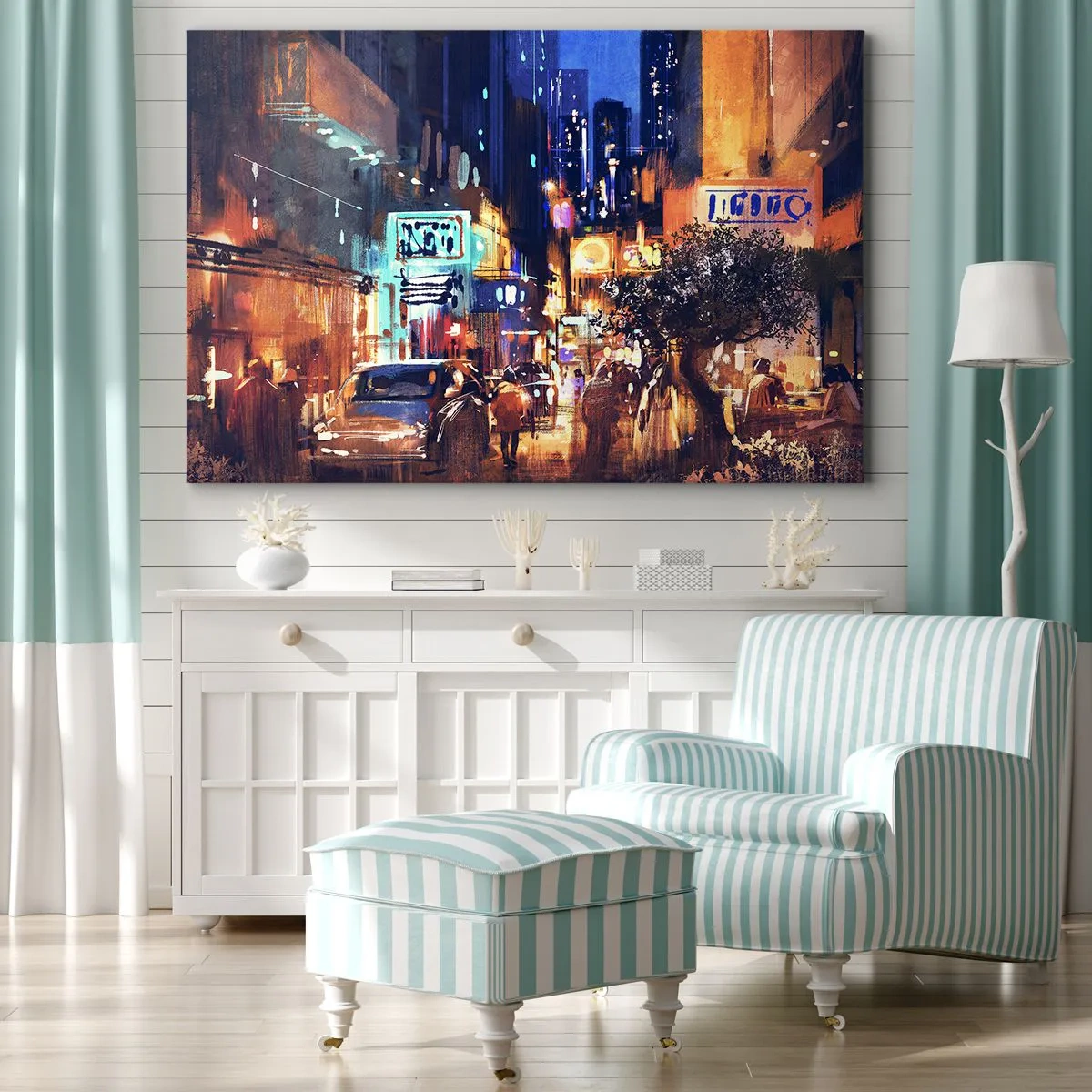 Canvastavla - Bild på duk - Kvällsstadsbild i impressionistisk stil - 70x50cm - Och staden sover inte - Modern väggdekoration för vardagsrum och sovrum ARTTOR