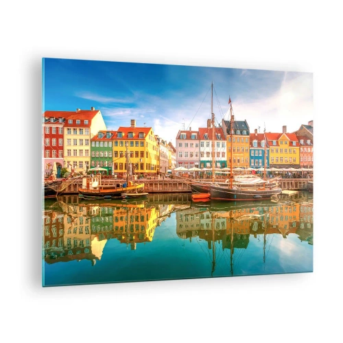 Glastavla - Bild på glas - Färgglada hus på kanalen med reflektioner i vattnet - 70x50cm - Vid spegelklart vatten - Modern väggdekoration för vardagsrum och sovrum ARTTOR
