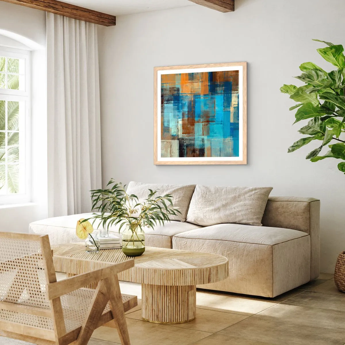 Affisch i ram av ljusek - Genom blåa gardinen - 40x40 cm