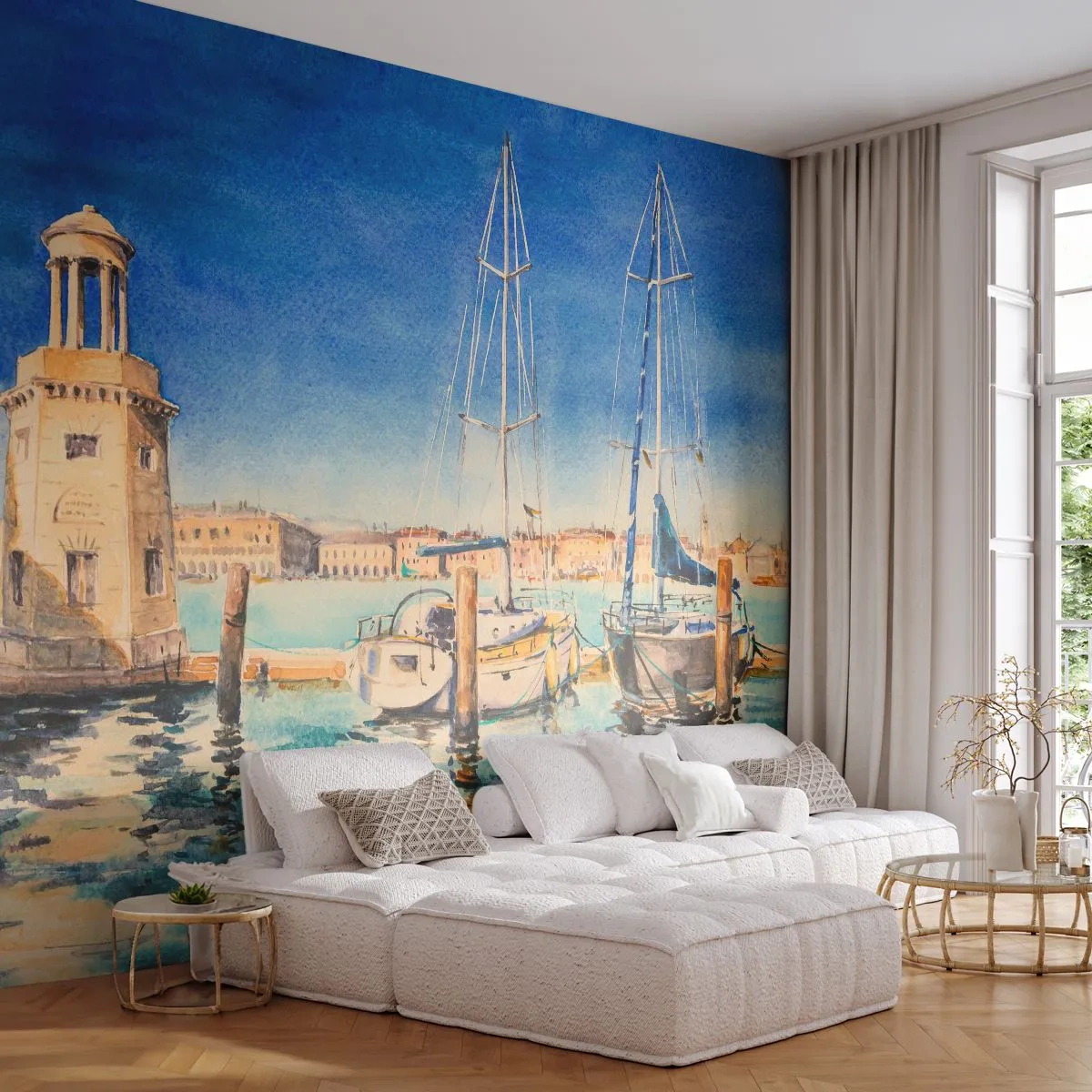 Fototapet Premium Sand - Solig lagun - hamn, Landskap, Fyr - 100x70 cm