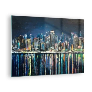 Glastavla - Bild på glas - Panorama över staden på natten med ljusen som reflekteras i vattnet - 70x50cm - Ljuskaskad - Modern väggdekoration för vardagsrum och sovrum ARTTOR