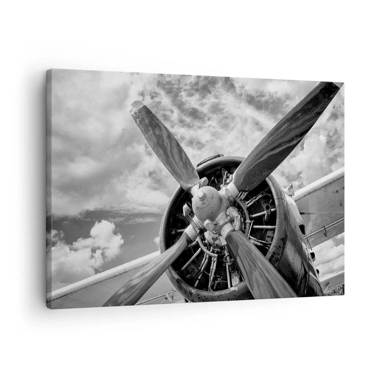 Canvastavla - Bild på duk - Ett svartvitt foto av en flygplanspropeller mot en dynamisk himmel. - 70x50cm - Luftrummets härskare - Modern väggdekoration för vardagsrum och sovrum ARTTOR