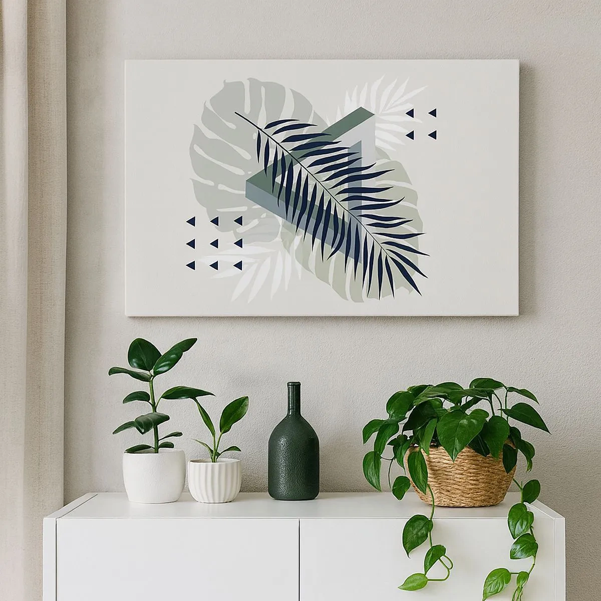 Canvastavla - Bild på duk - Geometrisk komposition med tropiska löv i nyanser av grönt - 70x50cm - Natur och geometri – två ordningar? - Modern väggdekoration för vardagsrum och sovrum ARTTOR