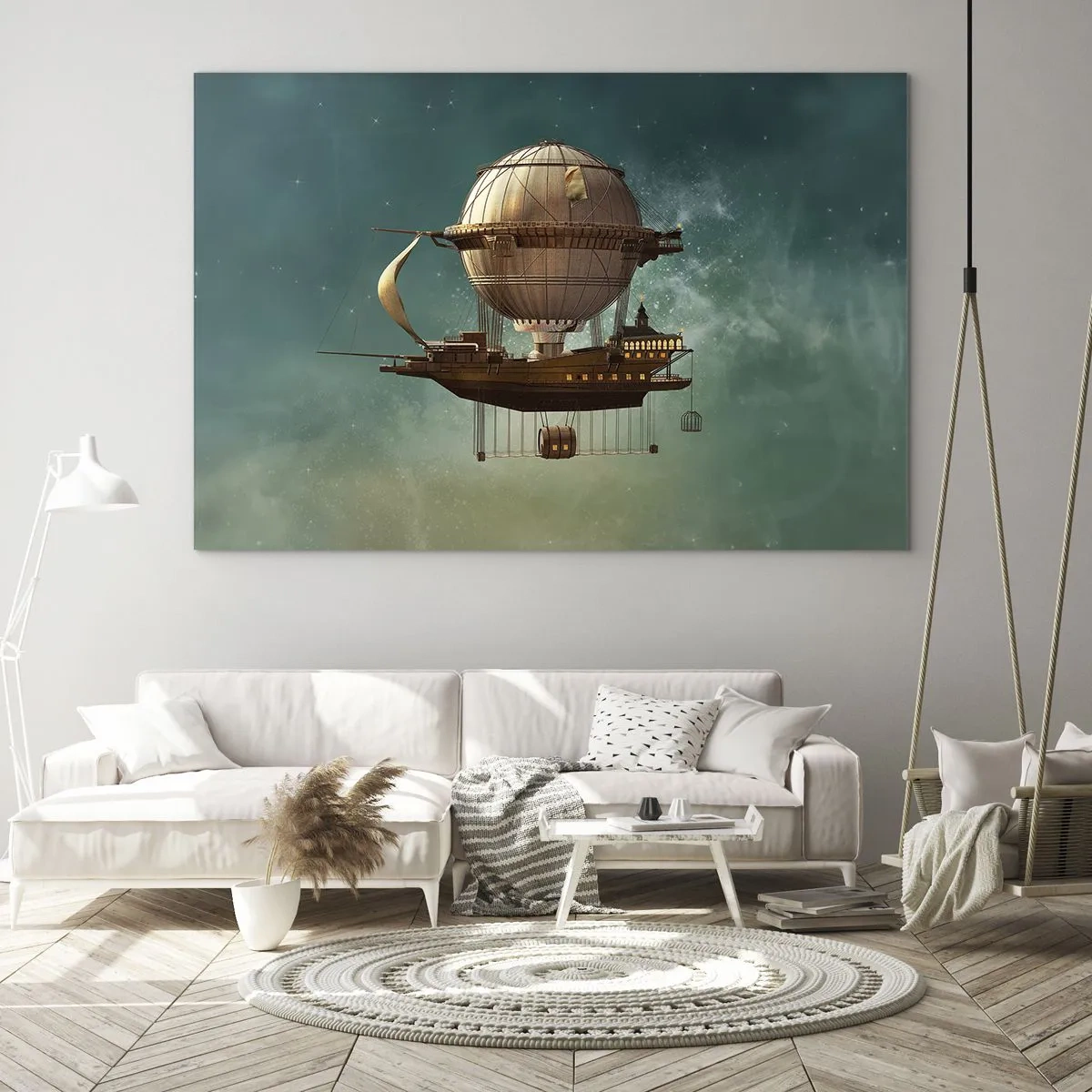 Glastavla - Bild på glas - Ett flygande luftskepp med ett hus i retrostil på himlen - 70x50cm - Jules Verne hälsar - Modern väggdekoration för vardagsrum och sovrum ARTTOR