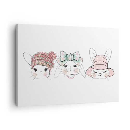 Canvastavla - Bild på duk - Bedårande kaniner i pastellfärgade huvudbonader - 70x50cm - Fundersam, ledsen, glad - Modern väggdekoration för vardagsrum och sovrum ARTTOR