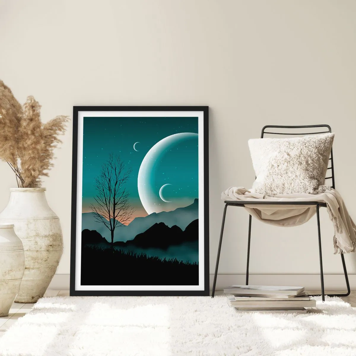Affisch i svart ram - Konstnärligt landskap med månen mot bakgrund av berg och träd - 50x70cm - Stjärniga nattens karneval - Modern väggdekoration för vardagsrum och sovrum ARTTOR