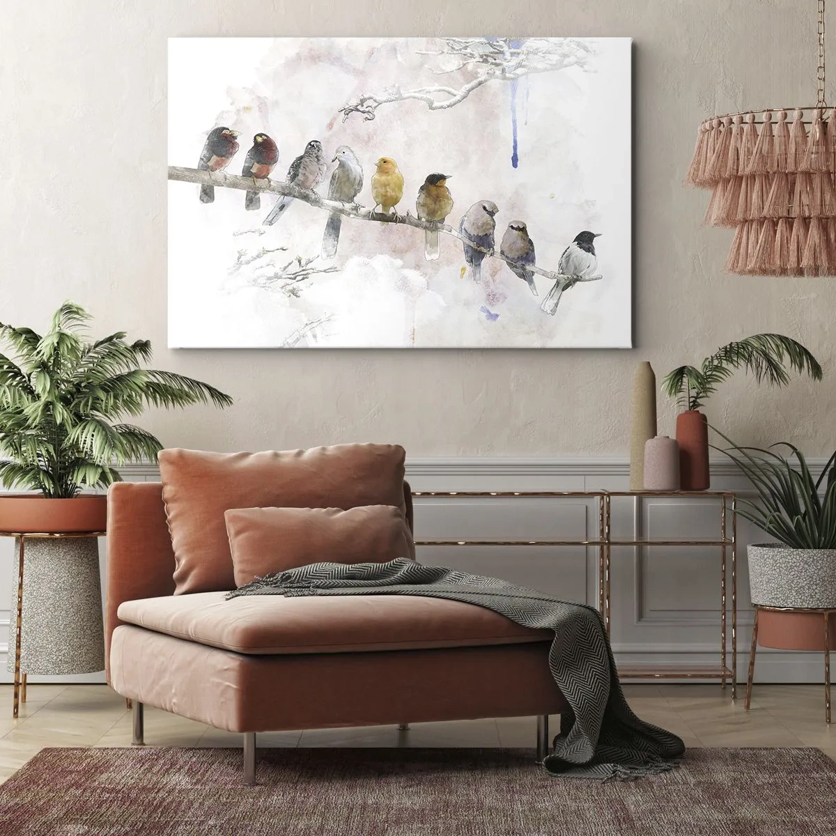 Canvastavla - Bild på duk - Färgglada fåglar på en gren i akvarellstil - 70x50cm - Bevingat möte - Modern väggdekoration för vardagsrum och sovrum ARTTOR