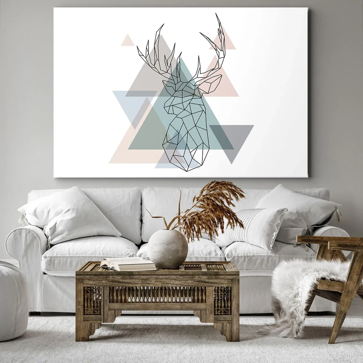 Canvastavla - Bild på duk - Geometrisk hjort på en bakgrund av pastellfärgade trianglar - 70x50cm - I en geometrisk skog - Modern väggdekoration för vardagsrum och sovrum ARTTOR