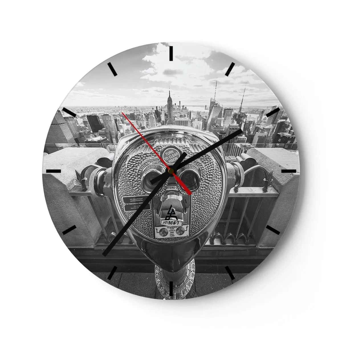 Väggklocka - Klocka på glas - Sightseeingkikare riktad mot New Yorks silhuett - 30x30cm - Stad över städerna - Modern väggdekoration för vardagsrum, kök och sovrum ARTTOR