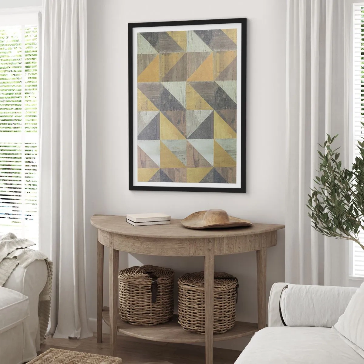 Affisch i svart ram - Geometriskt mönster i nyanser av guld och grått - 50x70cm - Under triangelns vinkel - Modern väggdekoration för vardagsrum och sovrum ARTTOR