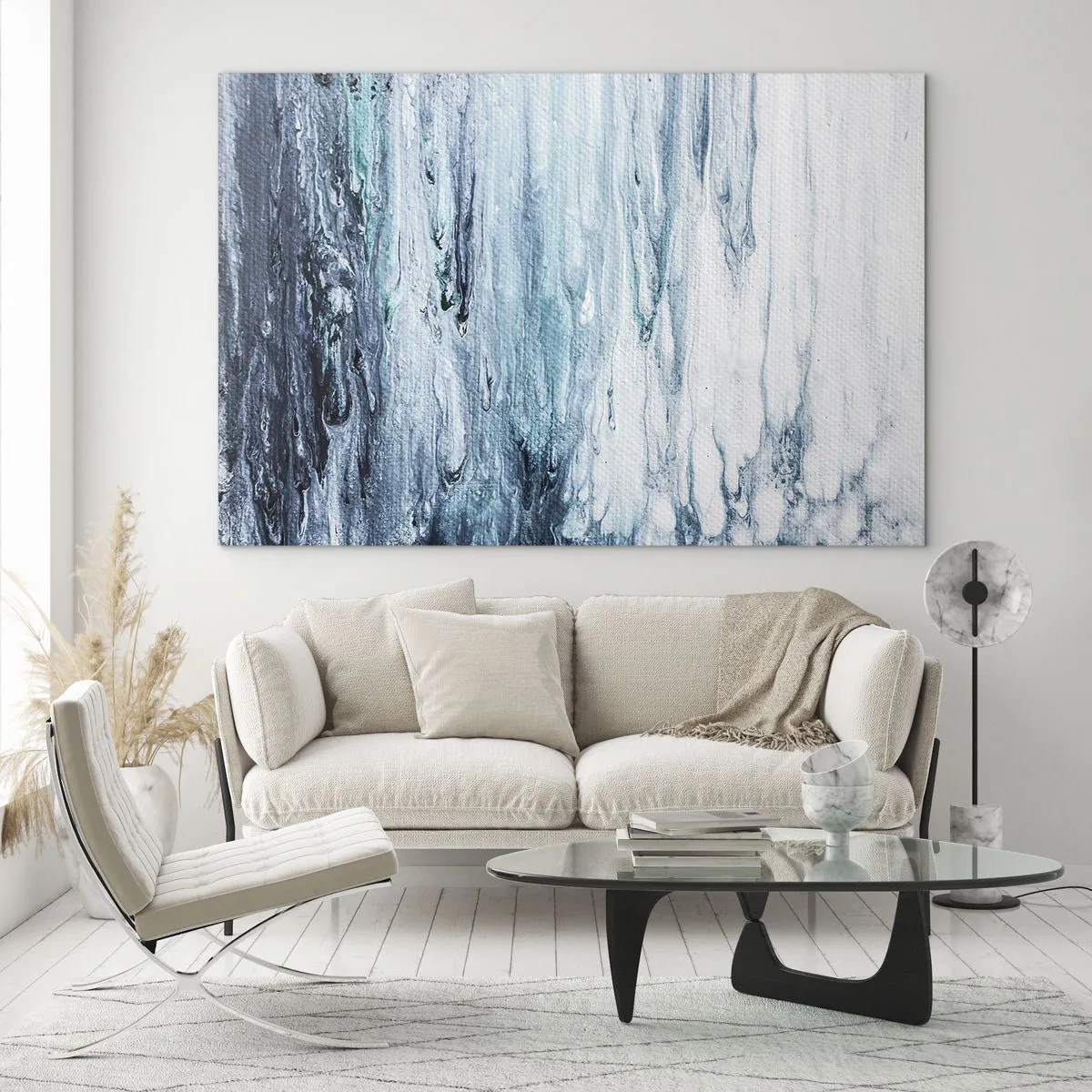 Glastavla - Bild på glas - Ett abstrakt mönster som liknar vattenströmmar i nyanser av blått. - 70x50cm - Blåa istappar - Modern väggdekoration för vardagsrum och sovrum ARTTOR