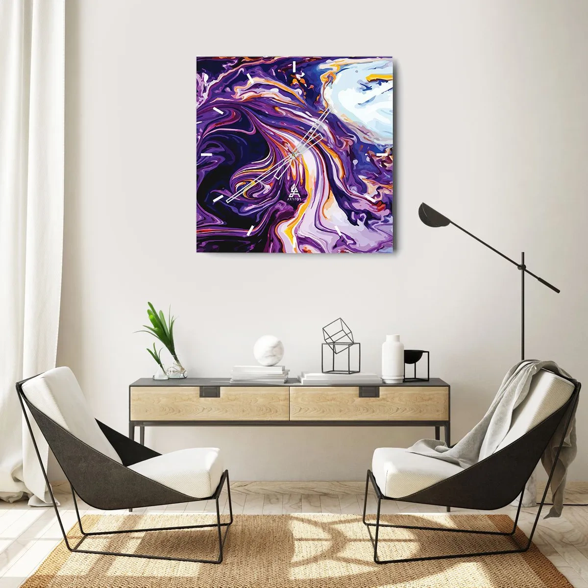 Väggklocka - Klocka på glas - Böjt rum i viol - 40x40 cm