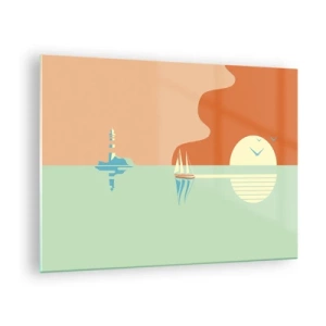 Glastavla - Bild på glas - En minimalistisk solnedgång med en segelbåt och en fyr - 70x50cm - Perfekt havslandskap - Modern väggdekoration för vardagsrum och sovrum ARTTOR