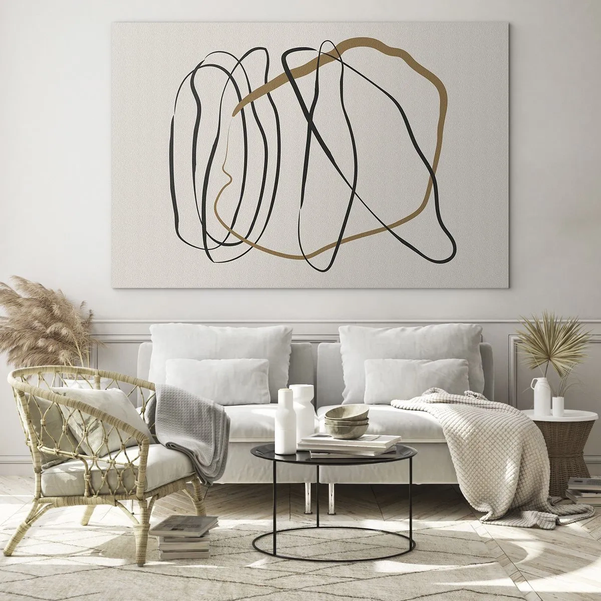 Glastavla - Bild på glas - En uttrycksfull komposition av linjer i svart och brunt mot en ljus bakgrund. - 70x50cm - Komposition: besittande dans - Modern väggdekoration för vardagsrum och sovrum ARTTOR
