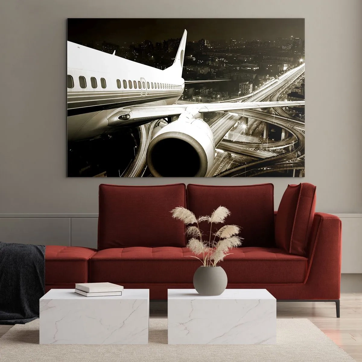 Glastavla - Bild på glas - Ett plan över staden på natten med en industriell atmosfär - 70x50cm - Lyfta upp i natten - Modern väggdekoration för vardagsrum och sovrum ARTTOR