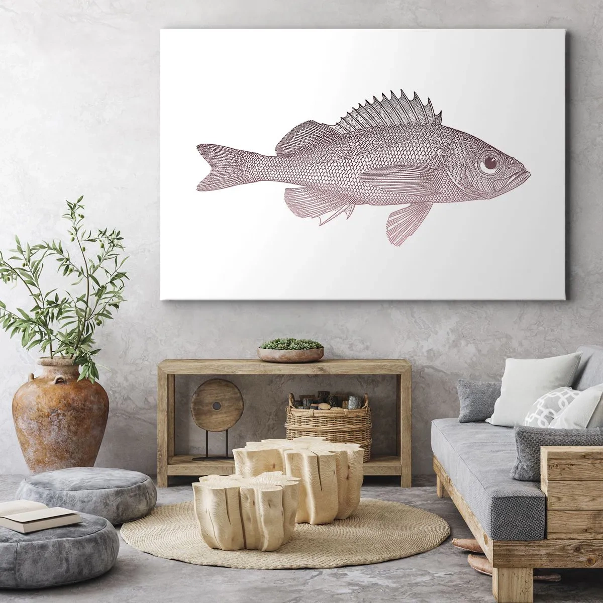 Canvastavla - Bild på duk - Detaljerad illustration av en fisk på vit bakgrund - 70x50cm - Storögd fisk - Modern väggdekoration för vardagsrum och sovrum ARTTOR