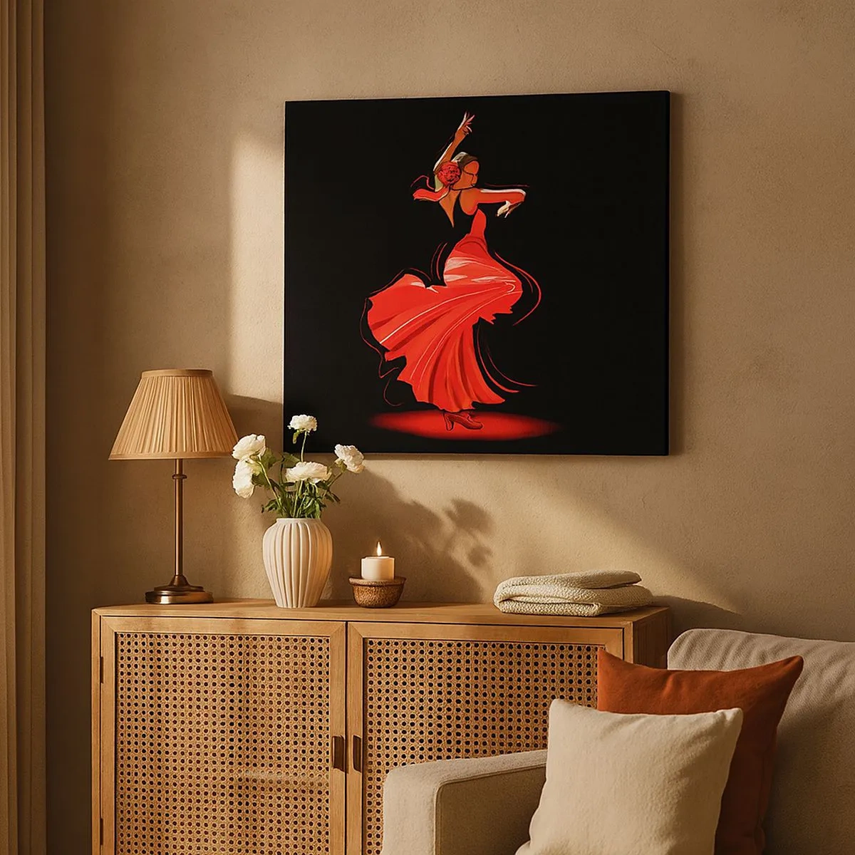 Canvastavla - Bild på duk - Flamencodansare i en röd klänning mot en svart bakgrund - 70x50cm - Flamencos brinnande anda - Modern väggdekoration för vardagsrum och sovrum ARTTOR