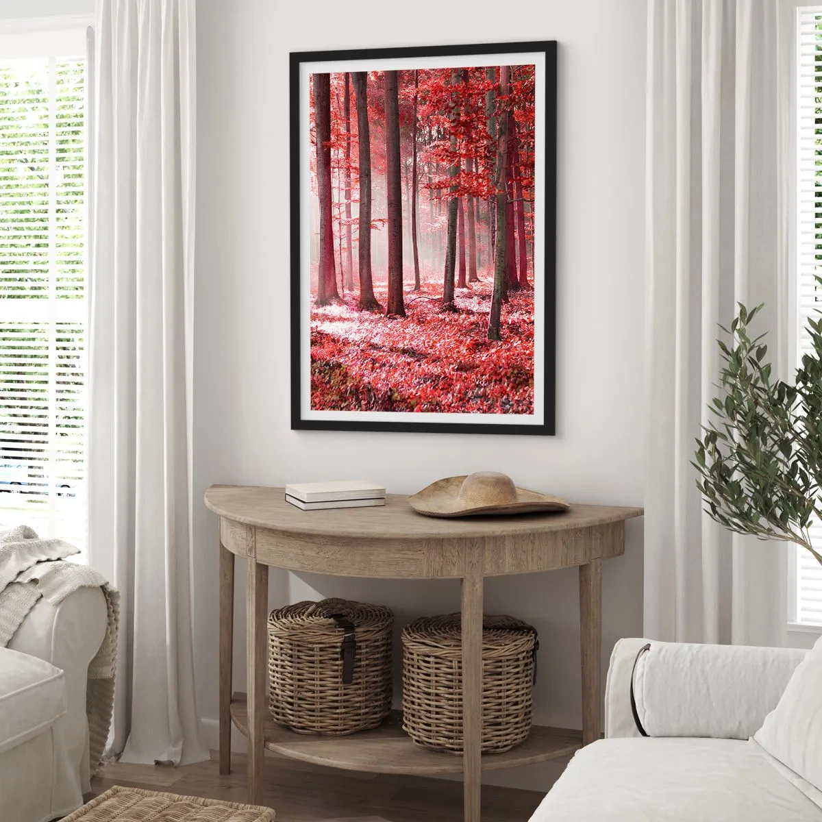 Affisch i svart ram - En skog med röda löv och dimma på morgonen - 50x70cm - Röd är lika vacker - Modern väggdekoration för vardagsrum och sovrum ARTTOR