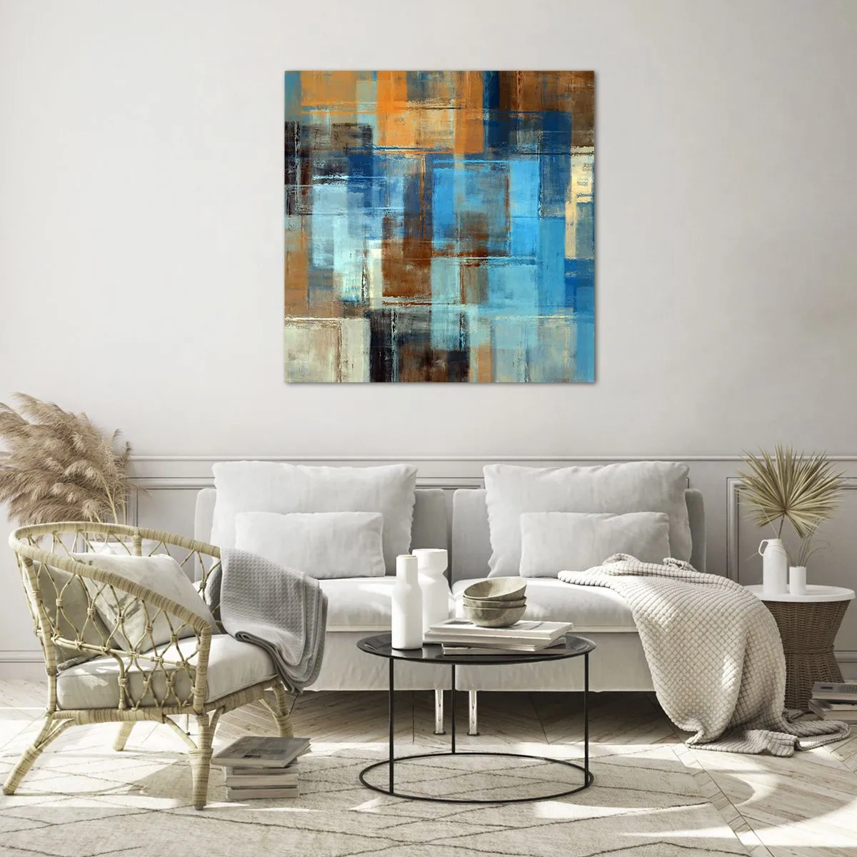Glastavla - Bild på glas - Genom blåa gardinen - 70x70 cm