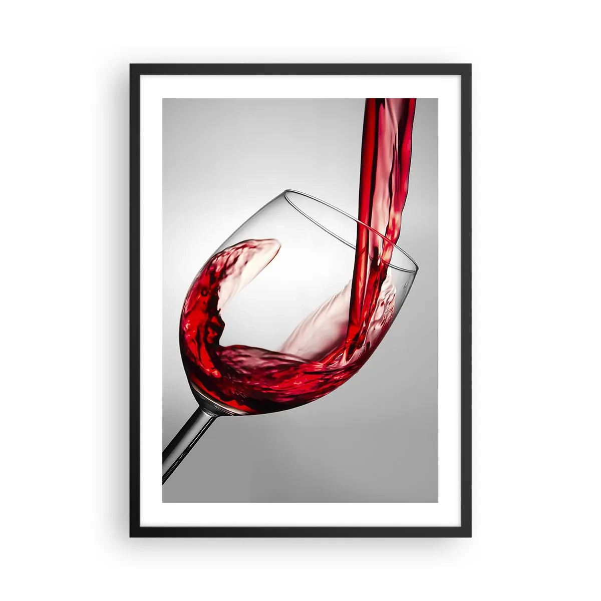 Affisch i svart ram - Rött vin som hälls upp i ett glas - 50x70cm - Färg - rörelse - ljud - Modern väggdekoration för vardagsrum och sovrum ARTTOR