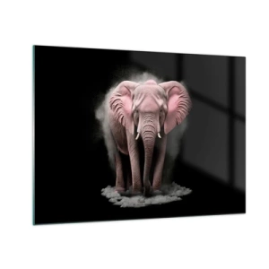 Glastavla - Bild på glas - En rosa elefant mot svart bakgrund omgiven av ett dammmoln. - 70x50cm - Tänk inte på en rosa elefant! - Modern väggdekoration för vardagsrum och sovrum ARTTOR