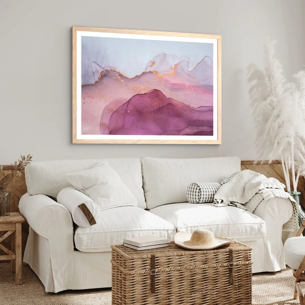 Affisch i ram av ljusek - Lila och violett vågor - 100x70 cm