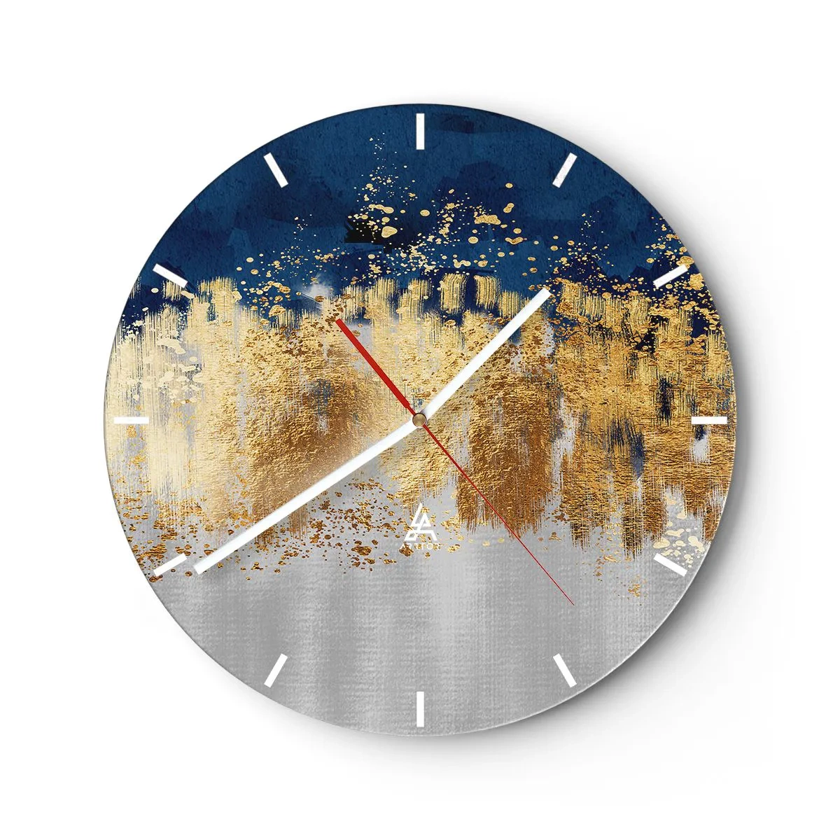 Väggklocka - Klocka på glas - Gyllene reflektioner och en blå-silver bakgrund i abstrakt stil - 30x30cm - Modern komposition med blixt - Modern väggdekoration för vardagsrum, kök och sovrum ARTTOR