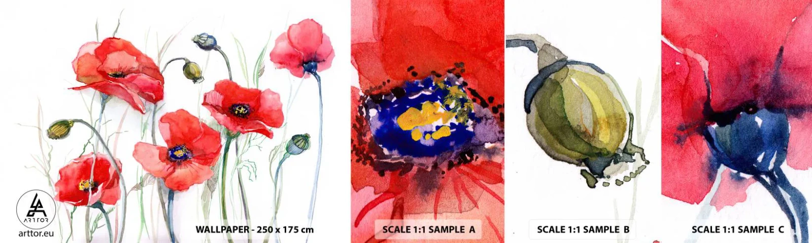 Provbit av självhäftande fototapet Deluxe Sticker - Polska blommor - Blommor, Vallmofrön, Natur - 100x30 cm