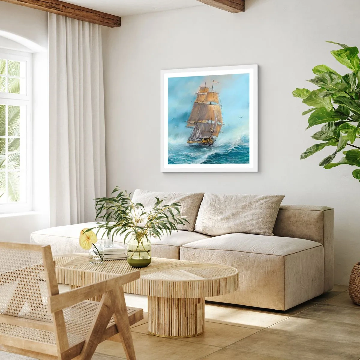 Affisch i vit ram - Vinkande genom vågorna - 60x60 cm