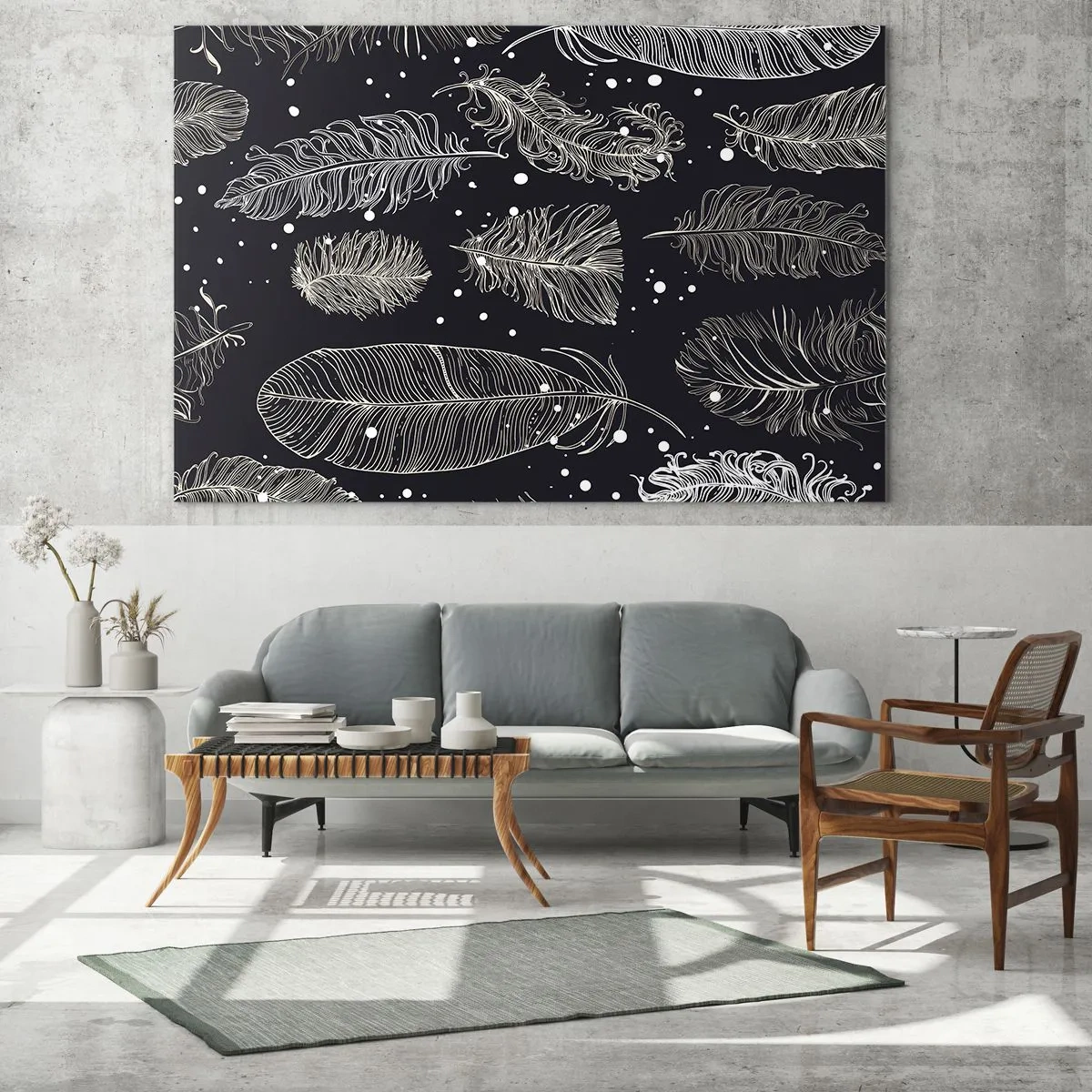 Glastavla - Bild på glas - Vita fjädrar på svart bakgrund med subtila detaljer - 70x50cm - Fjäderspets - Modern väggdekoration för vardagsrum och sovrum ARTTOR