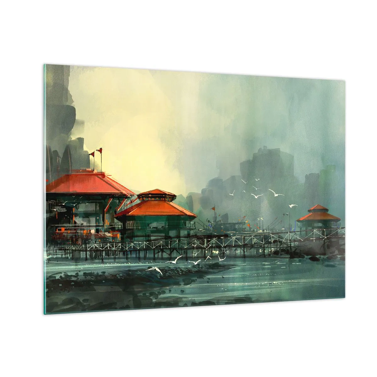 Glastavla - Bild på glas - Duggig dag i hamnen - 100x70 cm