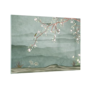 Glastavla - Bild på glas - En gren med blommor och fåglar mot en bakgrund av gröna kullar - 70x50cm - Vår, ah, det är du - Modern väggdekoration för vardagsrum och sovrum ARTTOR