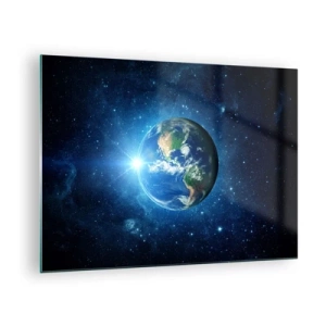 Glastavla - Bild på glas - Jorden sedd från rymden med ljusstrålar - 70x50cm - Vi är i himlen - Modern väggdekoration för vardagsrum och sovrum ARTTOR