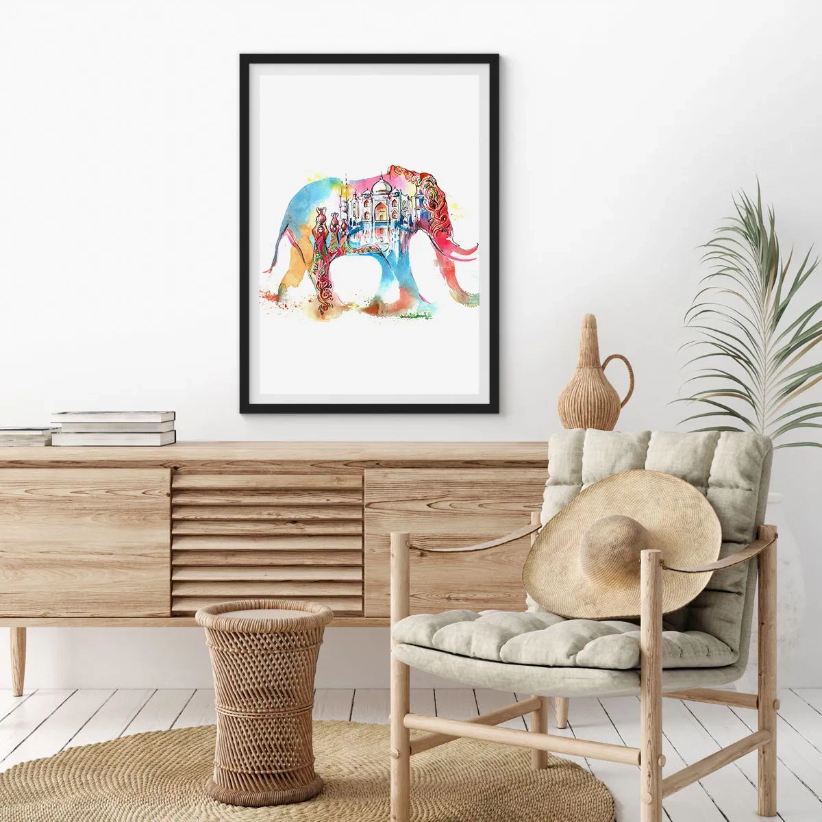 Affisch i svart ram - Färgglad elefant med indiska motiv och Taj Mahal - 50x70cm - Indien - kärlekens aura - Modern väggdekoration för vardagsrum och sovrum ARTTOR
