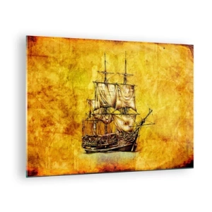 Glastavla - Bild på glas - Ett historiskt segelfartyg mot bakgrund av stiliserat pergament - 70x50cm - Mot Tortuga! - Modern väggdekoration för vardagsrum och sovrum ARTTOR