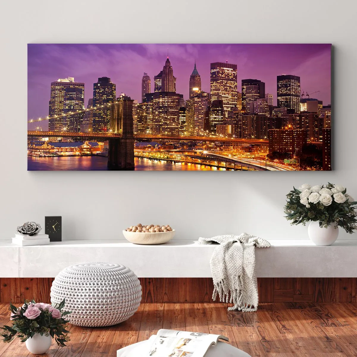 Canvastavla - Bild på duk - Manhattan i violett och guld - 160x50 cm