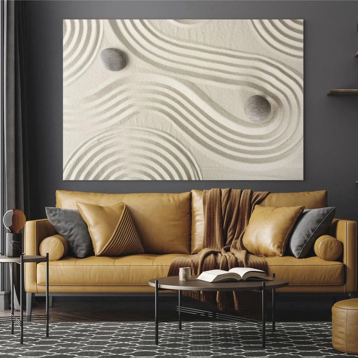 Glastavla - Bild på glas - Minimalistisk sand med stenar och geometriska mönster - 70x50cm - Värmens beröring - Modern väggdekoration för vardagsrum och sovrum ARTTOR