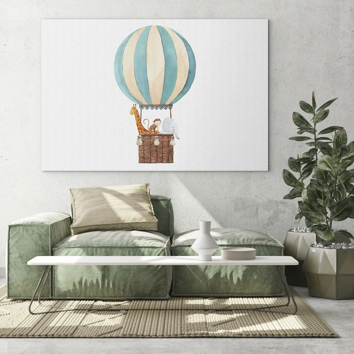 Glastavla - Bild på glas - En ballong med en giraff, en apa och en elefant på en vit bakgrund - 70x50cm - Fantastisk resa - Modern väggdekoration för vardagsrum och sovrum ARTTOR